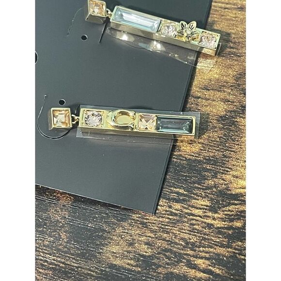 Women's Coach Crystal Gemstone Dangle Bar Earrings Gold Signature C Statement - Picture 6 of 11